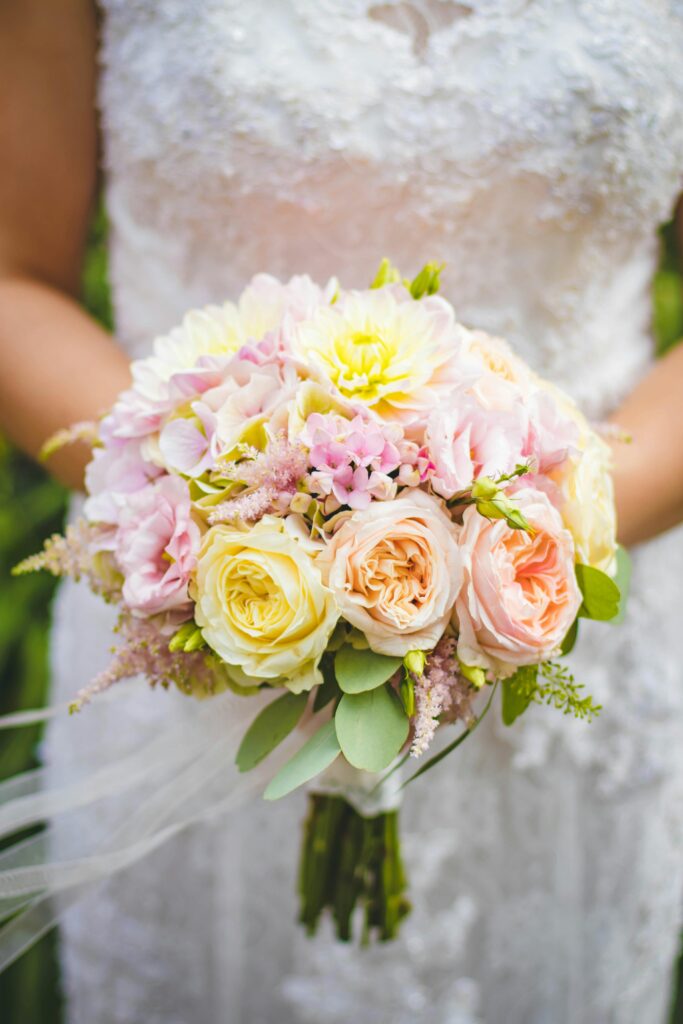 Close-up of a beautiful bridal bouquet featuring roses and lilies, perfect for wedding inspiration.
